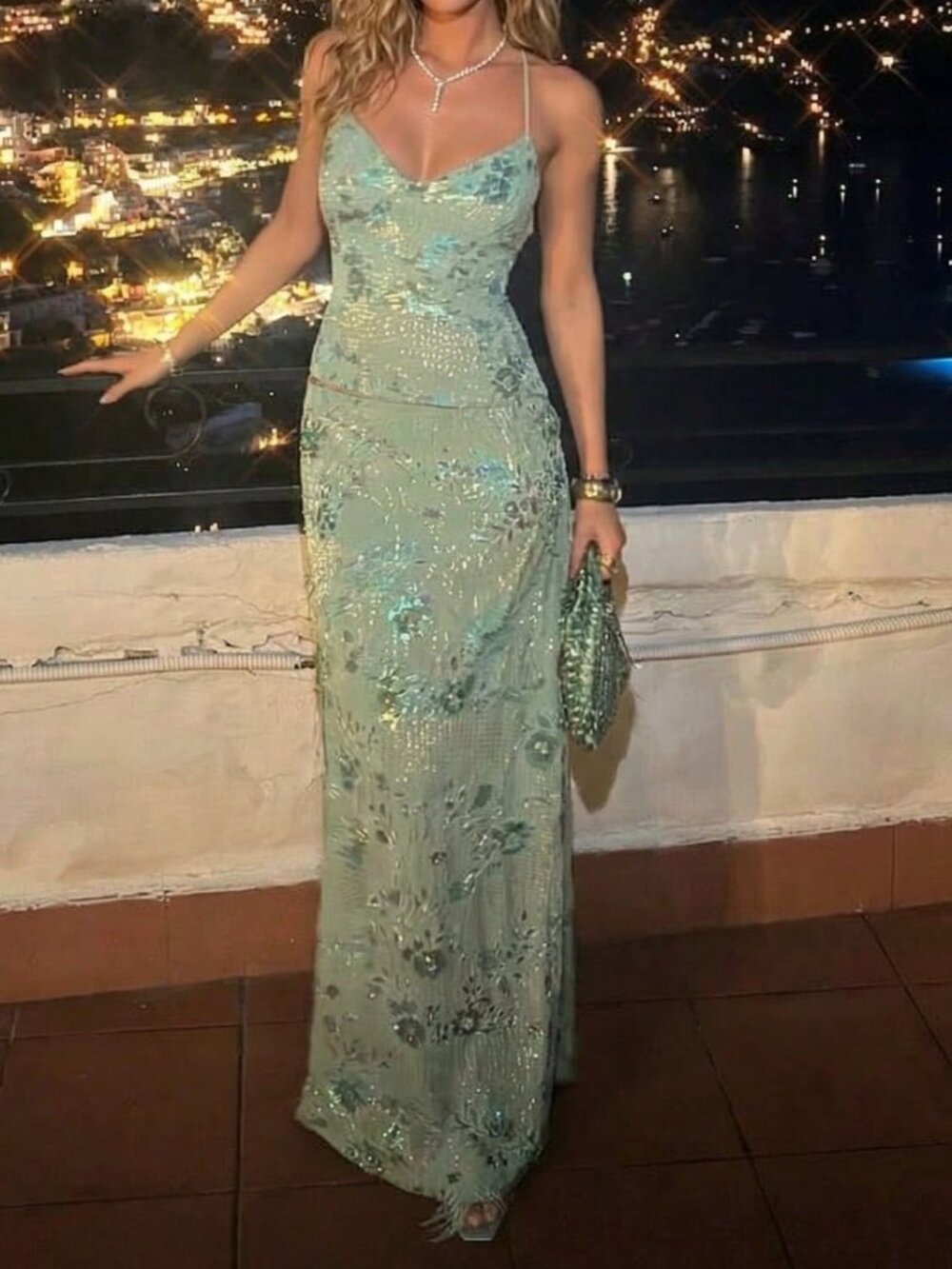 Green Sexy Women's Elegant Romantic Backless Camisole Top And Sequin Skirt Set - Picture 7 of 10
